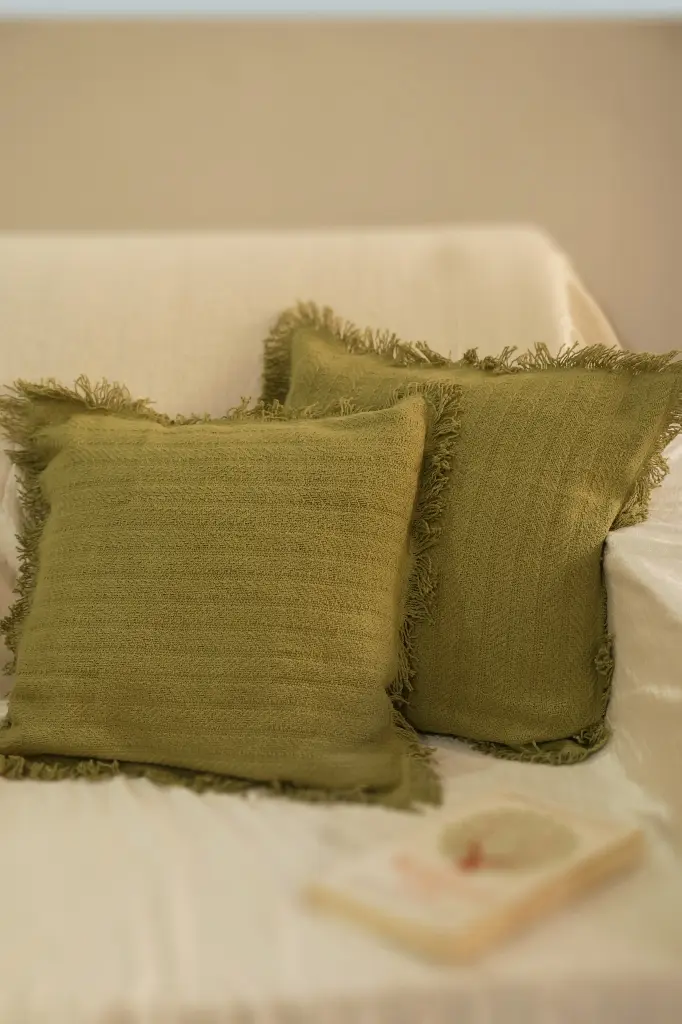 Olive green fringe cushion cover