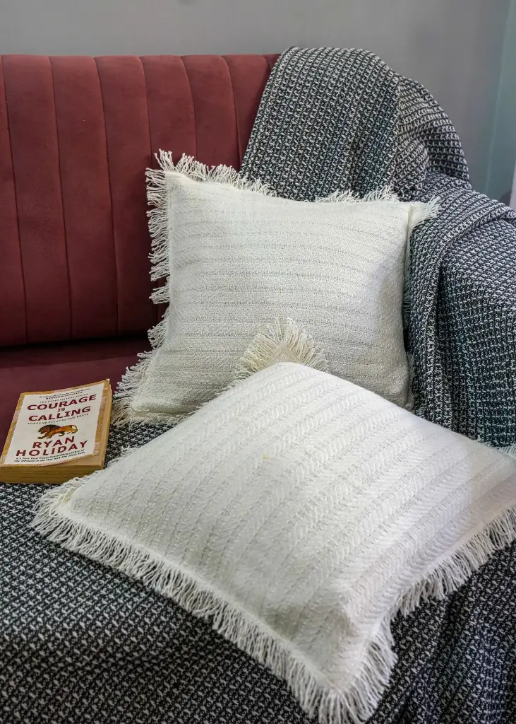 White fringe cushion cover