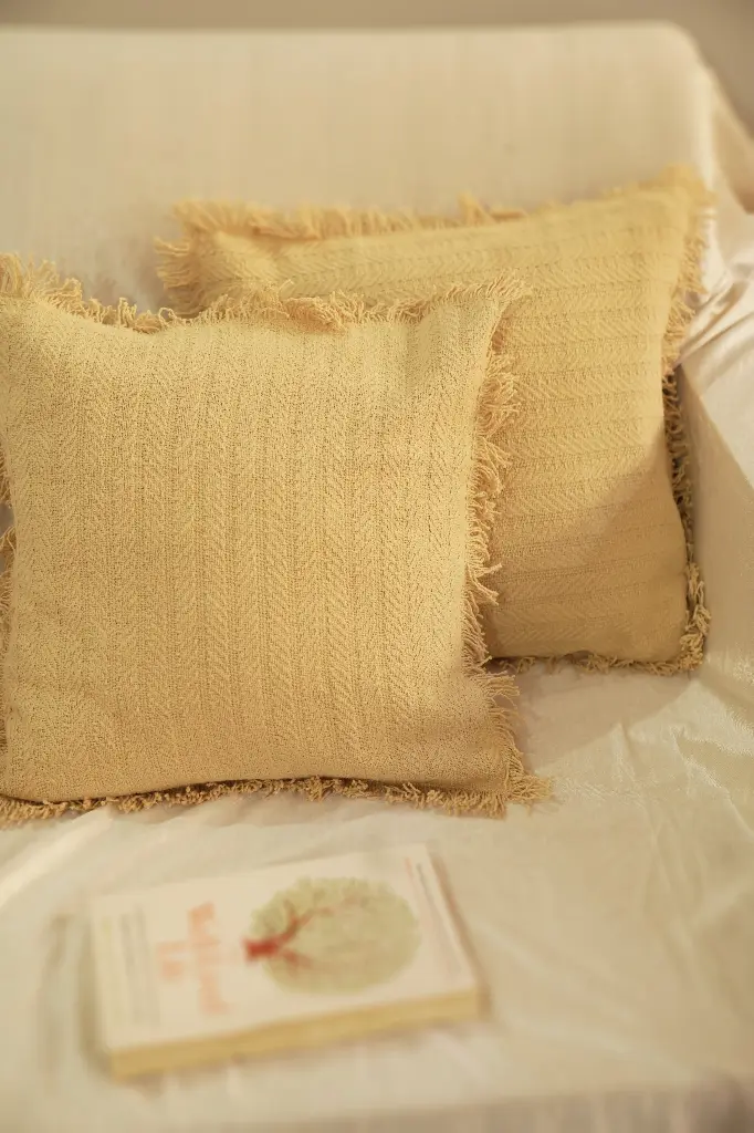 Beige fringe cushion cover