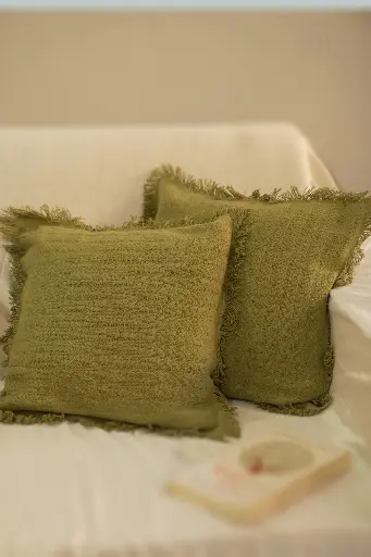 Olive green fringe cushion cover